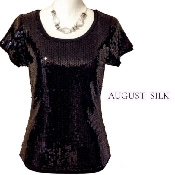 AUGUST SILK Sequined Short Sleeve Scoop Neck Top NWT Size Petite Small - Picture 1 of 8